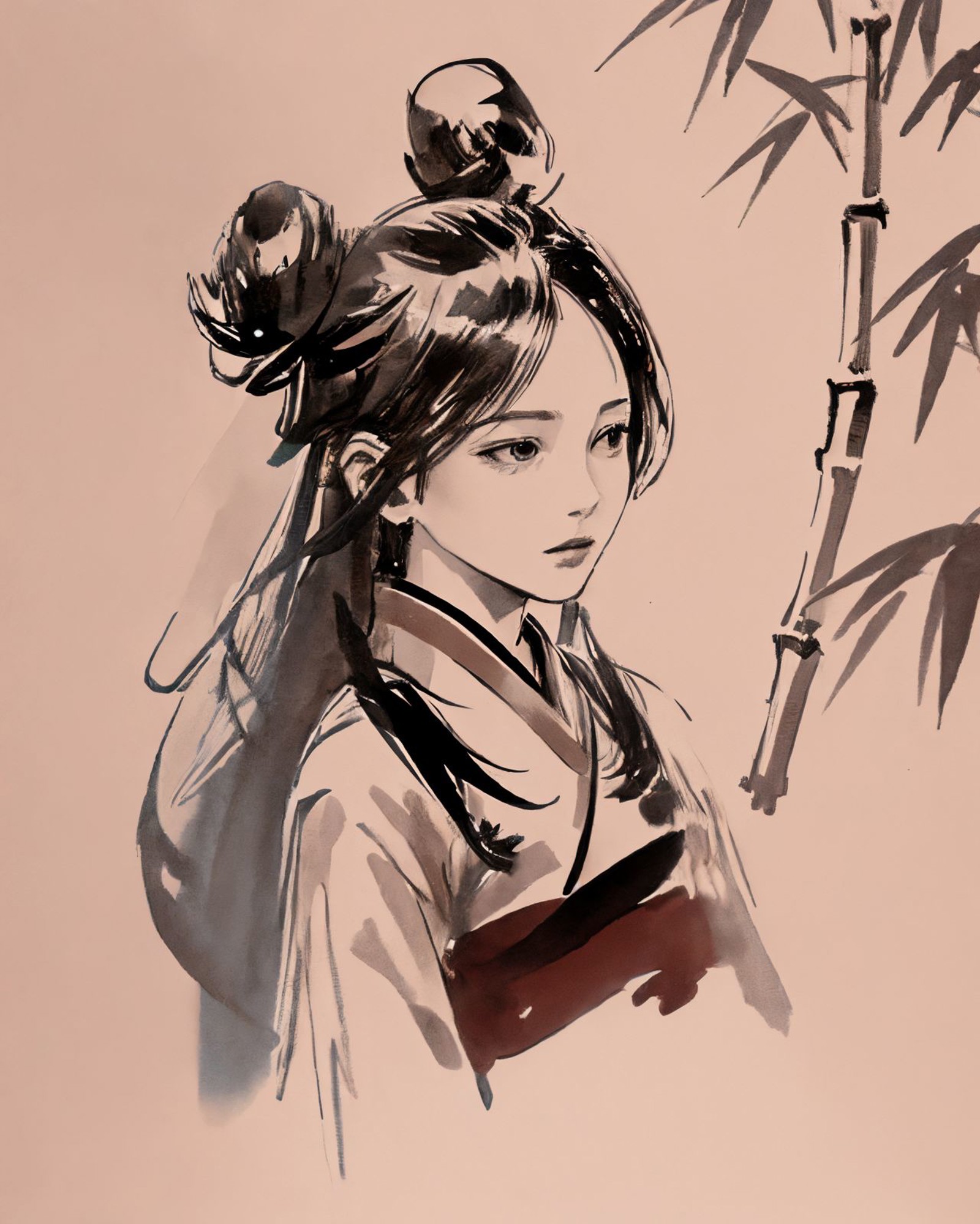 3446802453-_lora_zyd232_InkStyle_v1_0_1.2_ zydink, monochrome, ink sketch, 1girl, upper body, black long hair, hair bun, black eyes, hanfu,.jpg